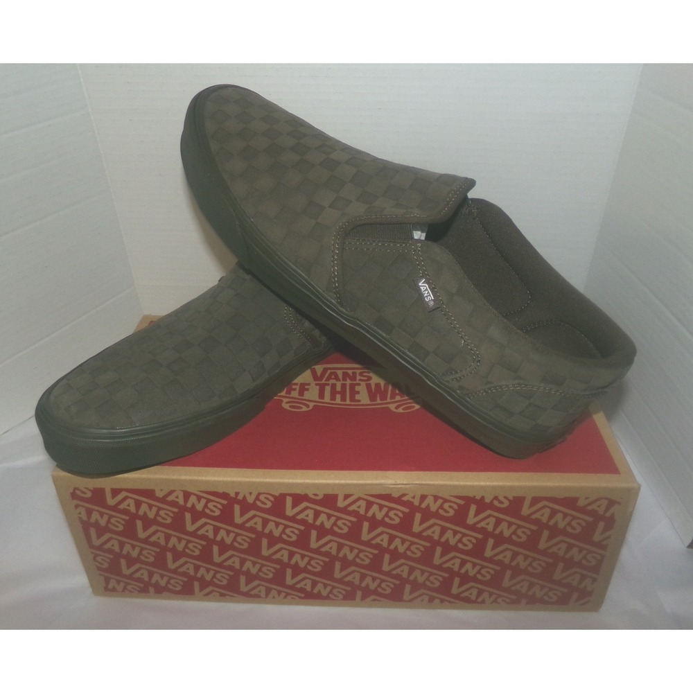 Vans Asher Suede Checkerboard Embossed Slip On Shoes Green Brown Mens 15 NEW
